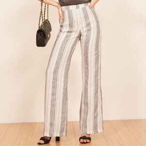 Reformation Romero Striped Linen Wide-Leg Pants White Grey 0